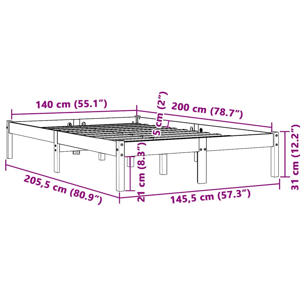 Σκελετός Κρεβατιού Χωρίς Στρώμα Καφέ 140x200 Μασίφ Ξύλο Πεύκου - Pakobazaar