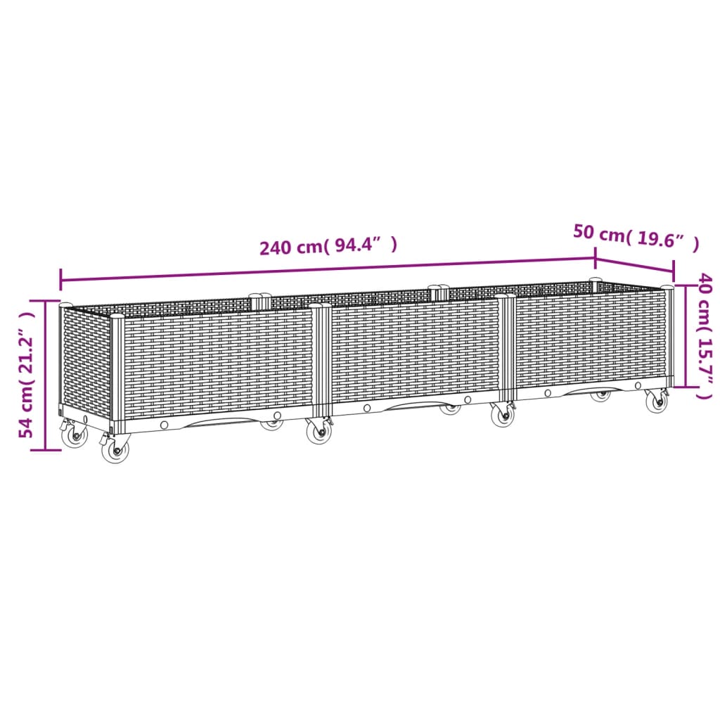 Ζαρντινιέρα Κήπου με Ροδάκια Μαύρο 240x50x54 εκ. Πολυπροπυλένιο