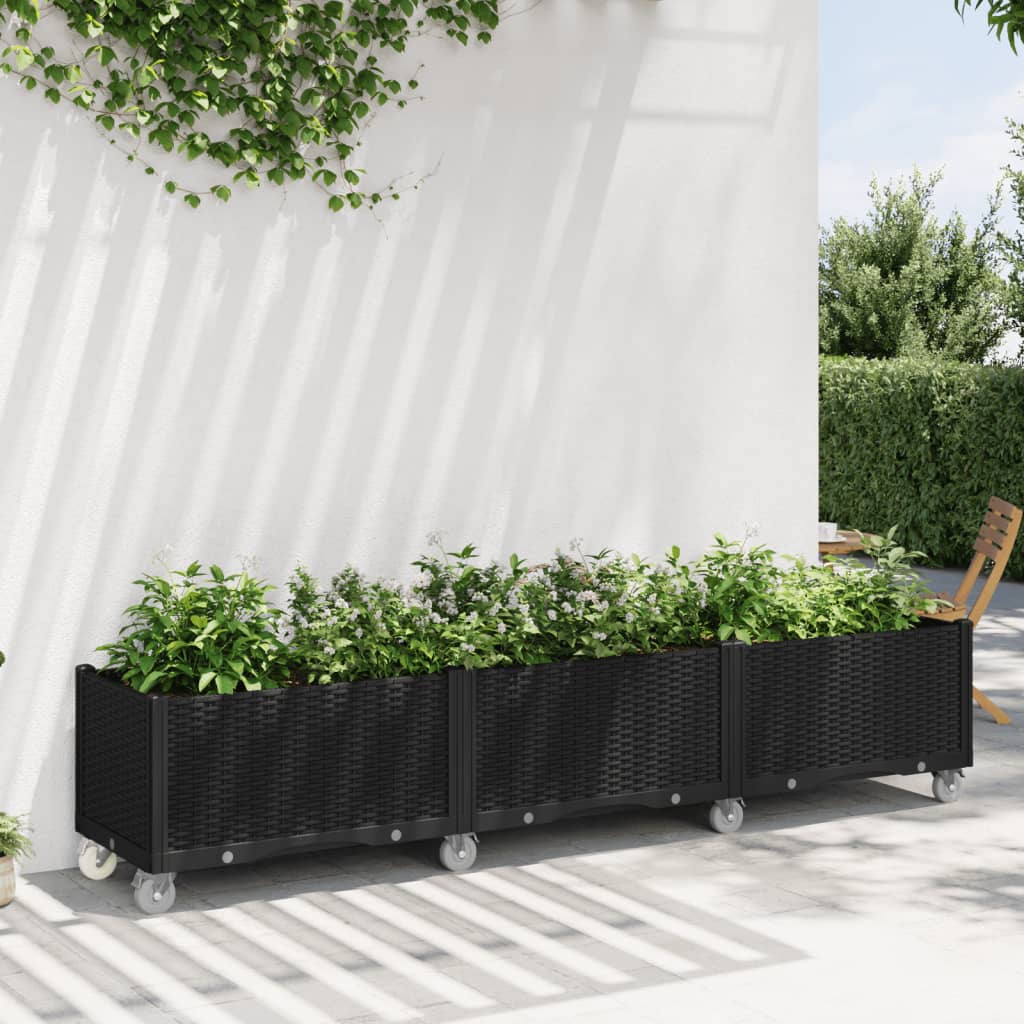 Ζαρντινιέρα Κήπου με Ροδάκια Μαύρο 240x50x54 εκ. Πολυπροπυλένιο
