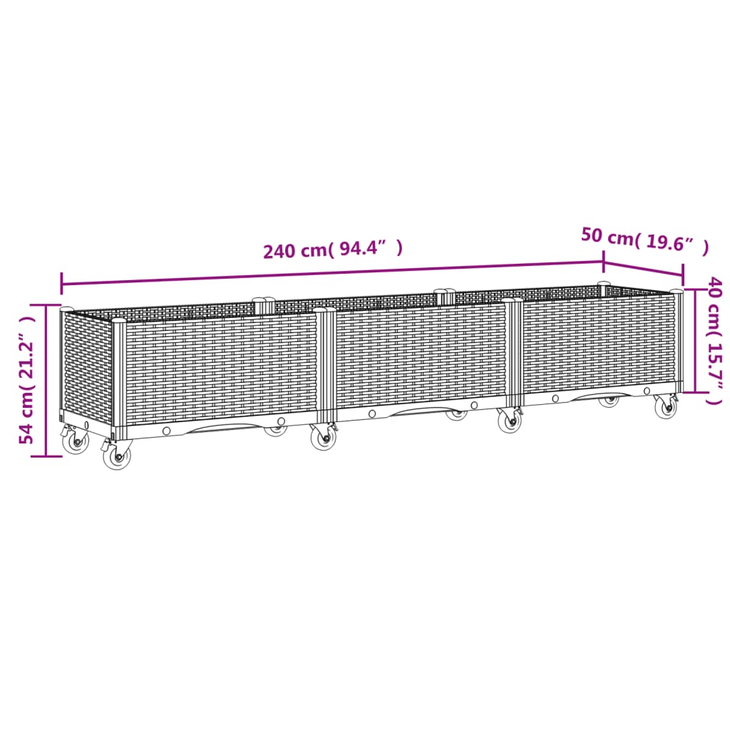 Ζαρντινιέρα Κήπου με Ροδάκια Λευκό 240x50x54 εκ. Πολυπροπυλένιο