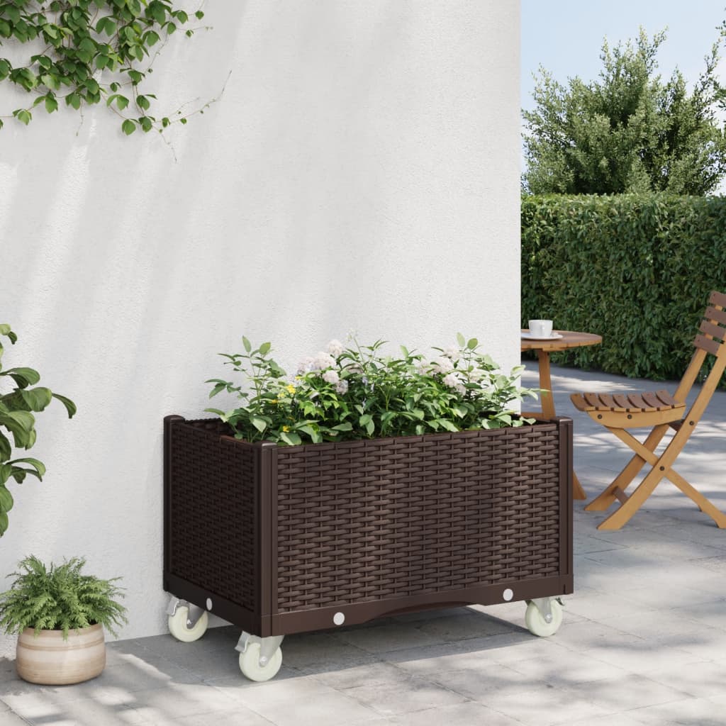 Ζαρντινιέρα Κήπου με Ροδάκια Καφέ 80x50x54 εκ. Πολυπροπυλένιο