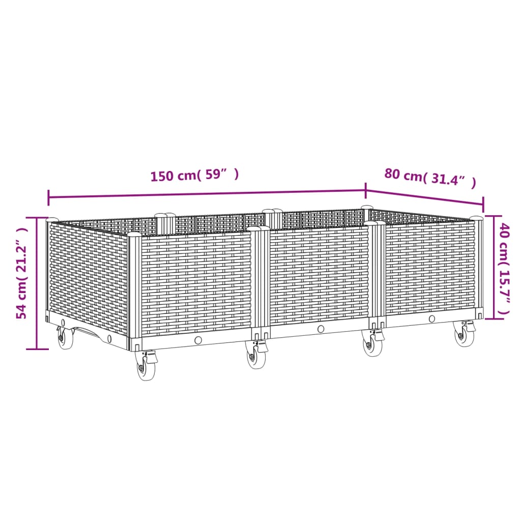 Ζαρντινιέρα Κήπου με Ροδάκια Καφέ 150x80x54εκ. Πολυπροπυλένιο