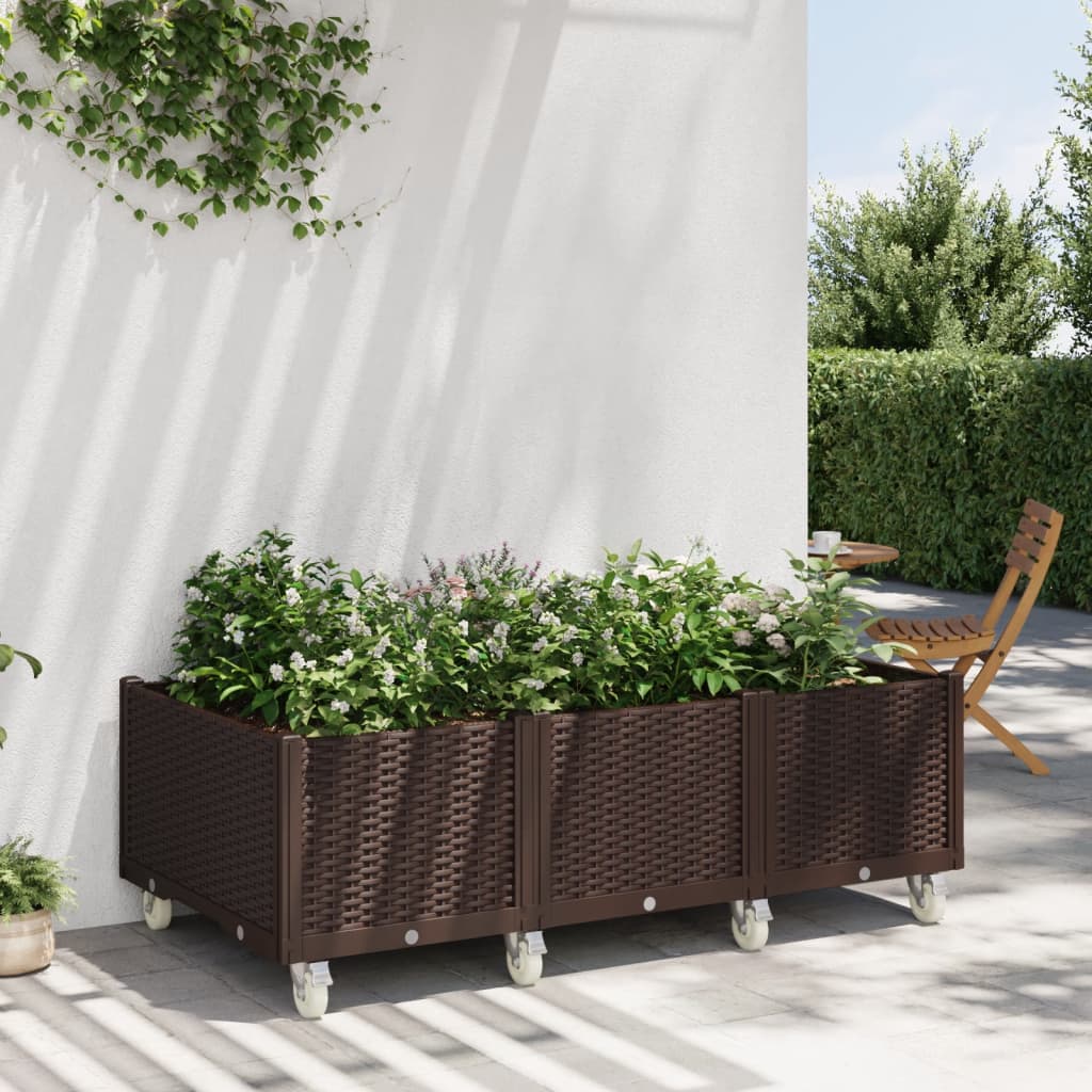 Ζαρντινιέρα Κήπου με Ροδάκια Καφέ 150x80x54εκ. Πολυπροπυλένιο