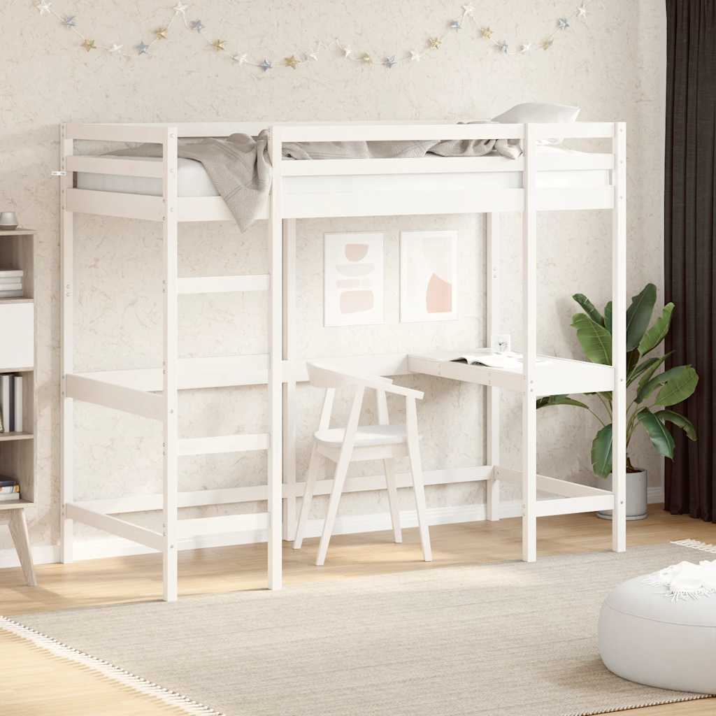Κρεβάτι Υπερυψωμένο Λευκό 90x190εκ Μασίφ Ξύλο Πεύκου με Γραφείο - Pakobazaar