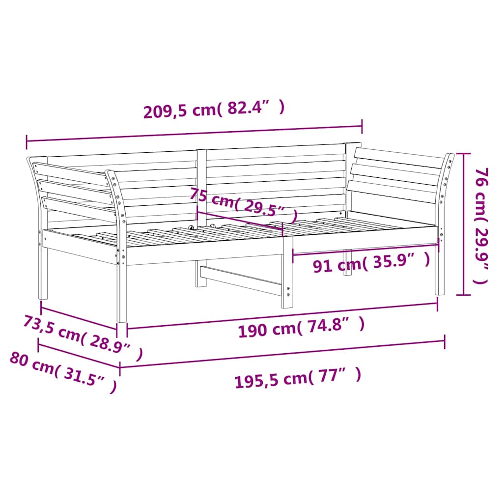 Κρεβάτι ημέρας χωρίς στρώμα Λευκό 75x190 cm Στερεό ξύλο πεύκο