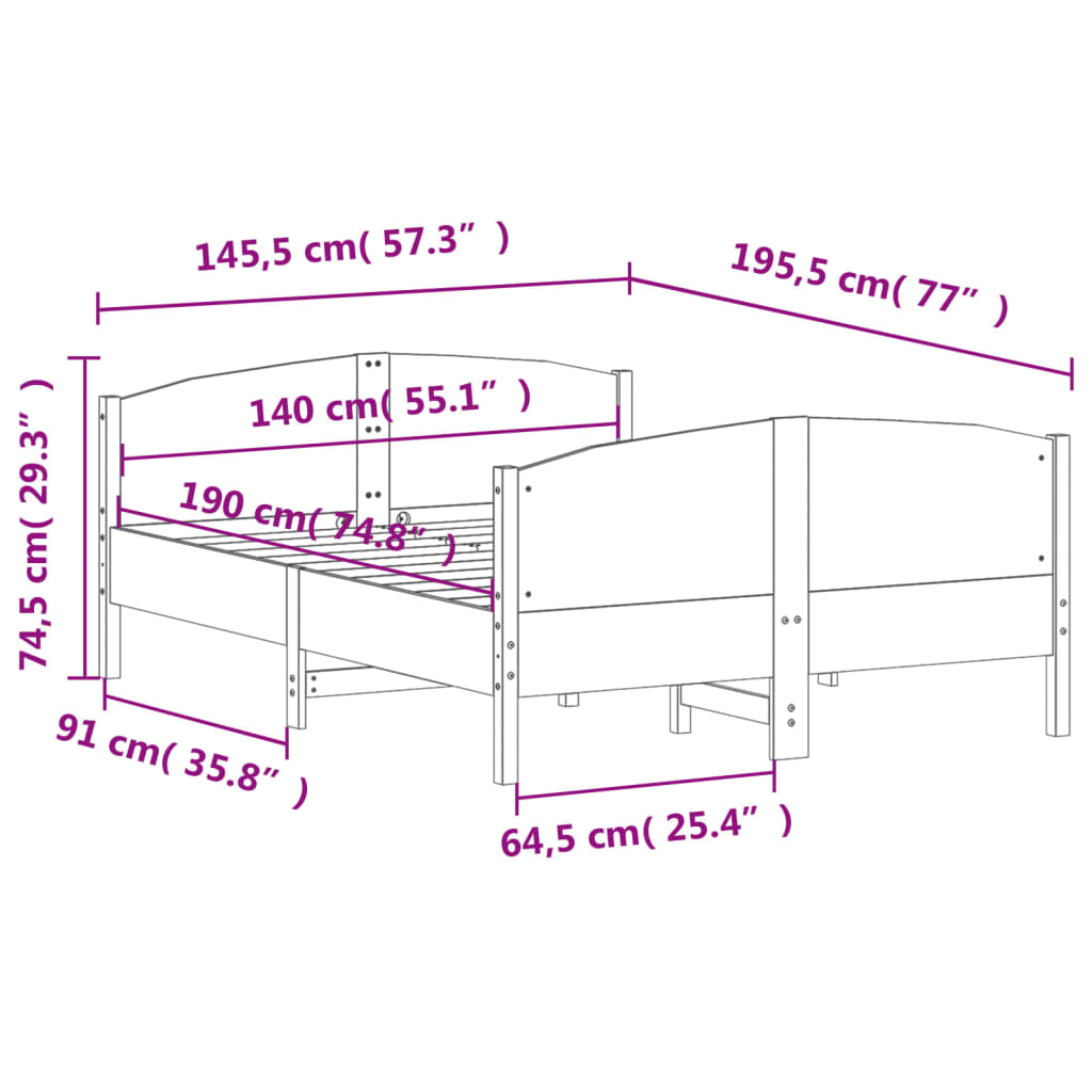 Σκελετός Κρεβατιού Χωρίς Στρώμα 140x190 εκ Μασίφ Ξύλο Πεύκου