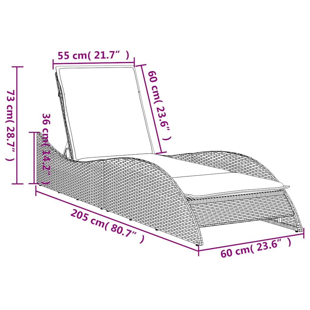 Ξαπλώστρα με Μαξιλάρι Καφέ 60 x 205 x 73 εκ. από Συνθετικό Ρατάν