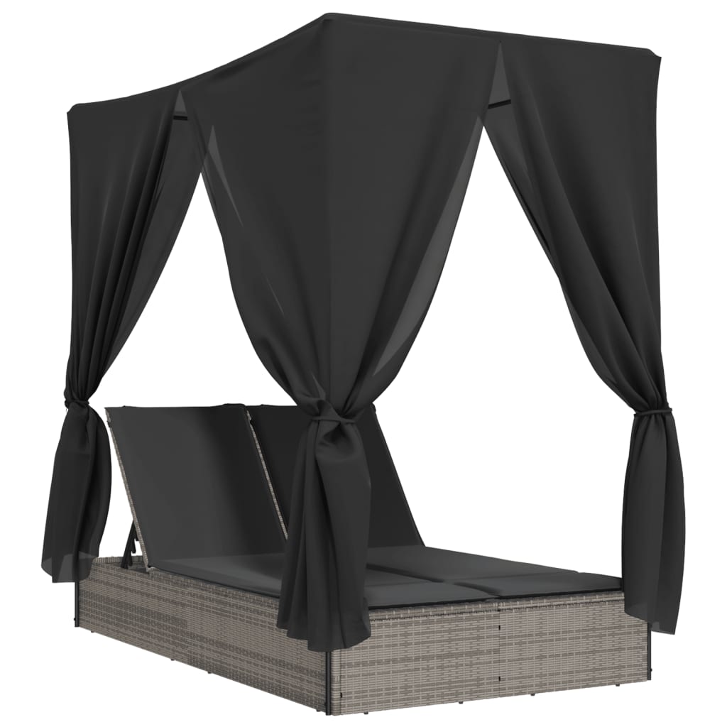 Ξαπλώστρα Διπλή Γκρι από Συνθετικό Ρατάν με Οροφή / Κουρτίνες