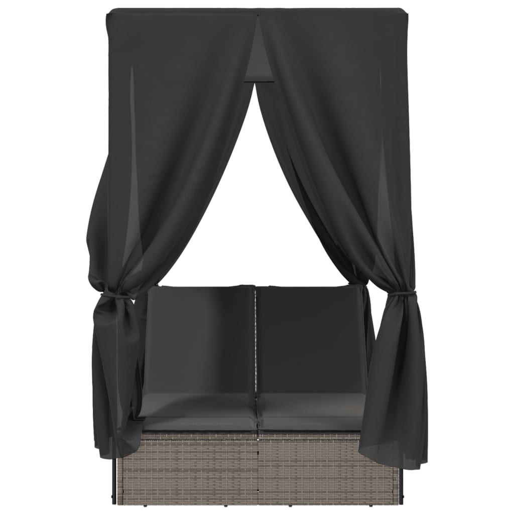 Ξαπλώστρα Διπλή Γκρι από Συνθετικό Ρατάν με Οροφή / Κουρτίνες