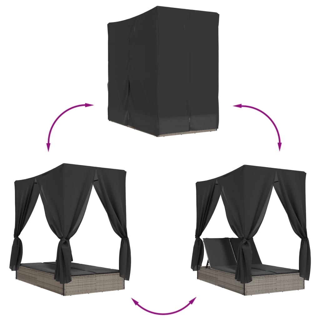 Ξαπλώστρα Διπλή Γκρι από Συνθετικό Ρατάν με Οροφή / Κουρτίνες
