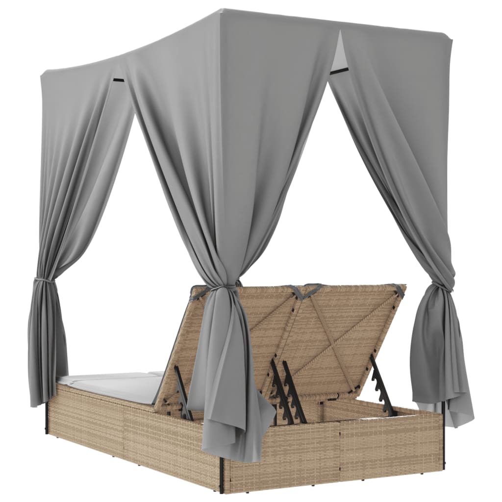 Ξαπλώστρα Διπλή Μπεζ από Συνθετικό Ρατάν με Οροφή / Κουρτίνες