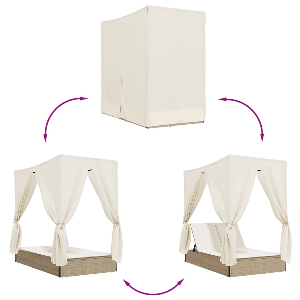 Ξαπλώστρα Διπλή Μπεζ από Συνθετικό Ρατάν με Οροφή / Κουρτίνες