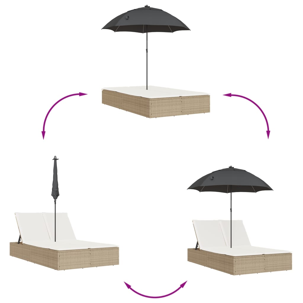 Ξαπλώστρα Διπλή Μπεζ από Συνθετικό Ρατάν με Μαξιλάρια/Ομπρέλα