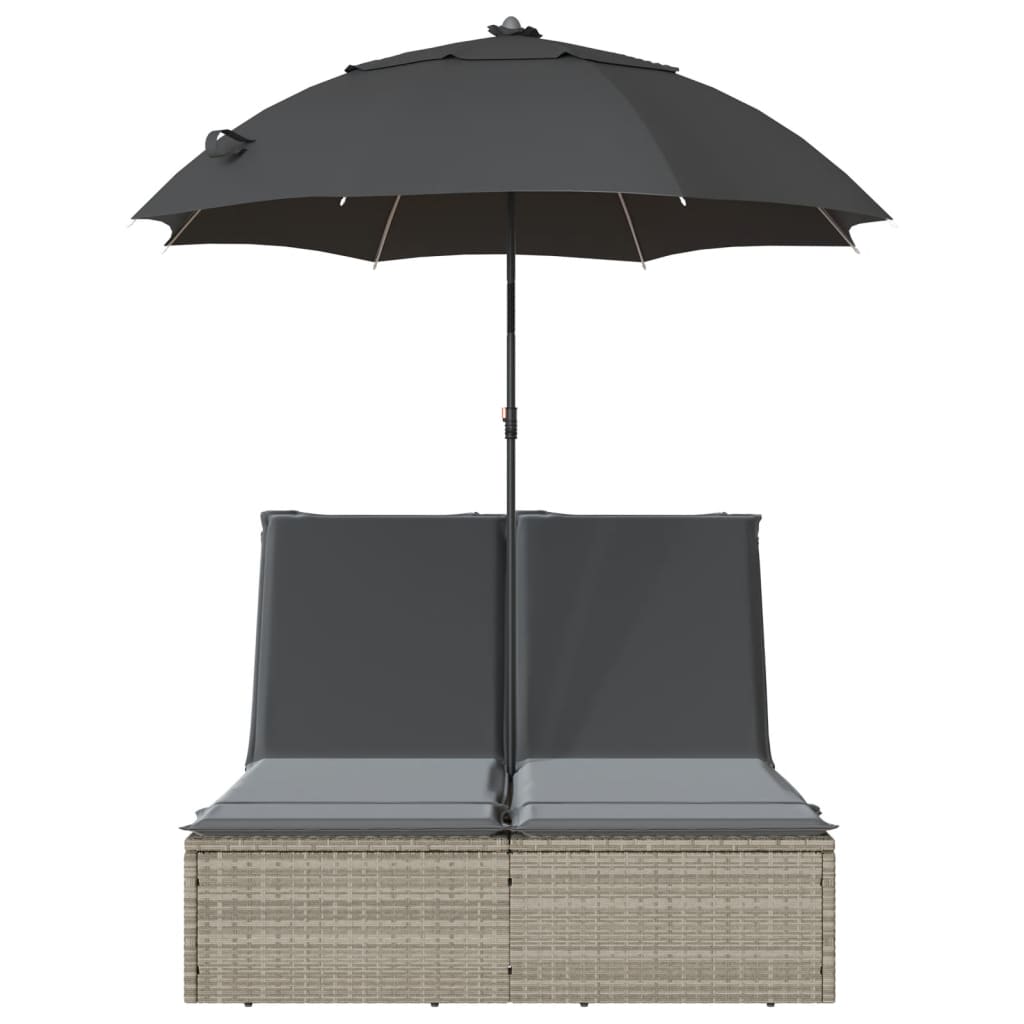 Ξαπλώστρα Διπλή Αν. Γκρι Συνθετικό Ρατάν με Μαξιλάρια/Ομπρέλα