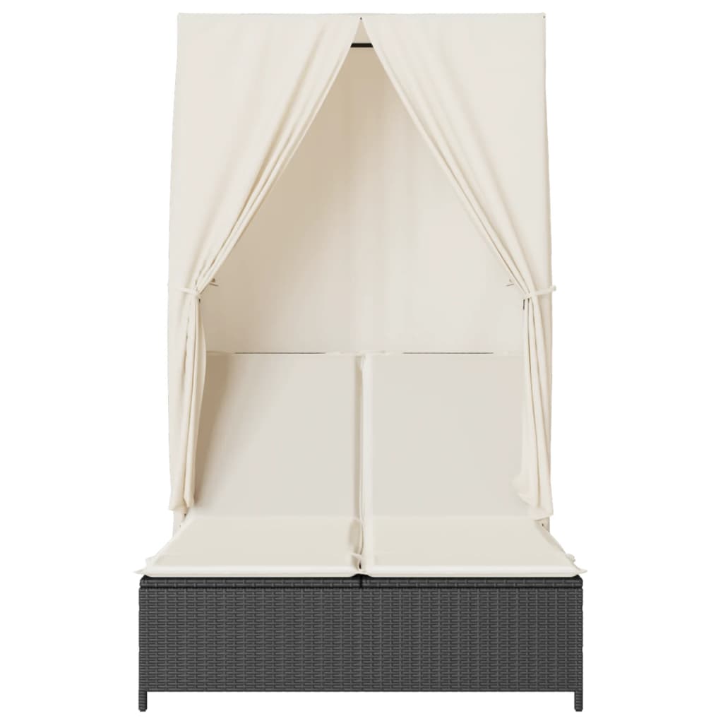 Ξαπλώστρα Διπλή Μαύρη από Συνθετικό Ρατάν με Οροφή / Κουρτίνες