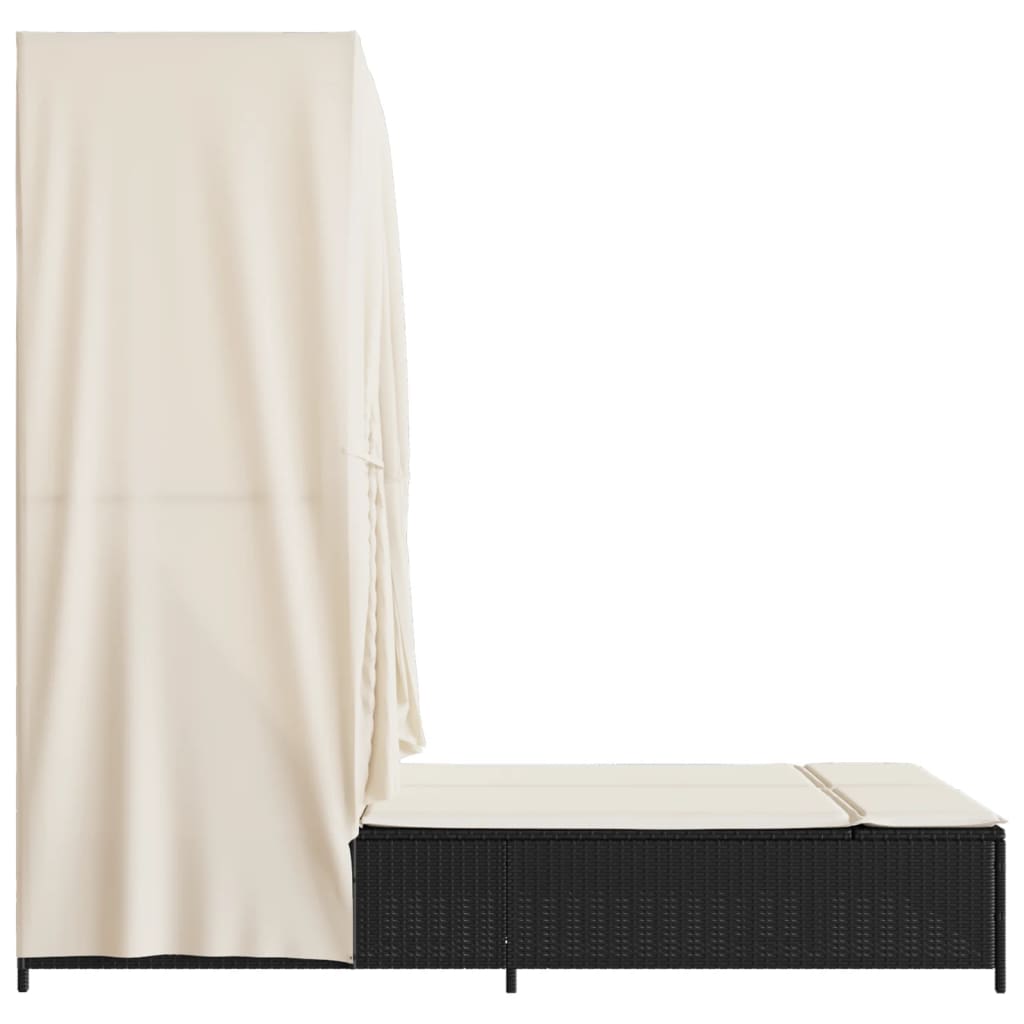 Ξαπλώστρα Διπλή Μαύρη από Συνθετικό Ρατάν με Οροφή / Κουρτίνες