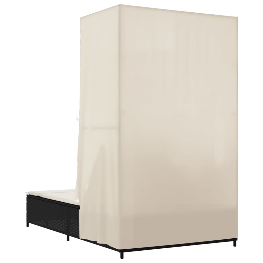 Ξαπλώστρα Διπλή Μαύρη από Συνθετικό Ρατάν με Οροφή / Κουρτίνες