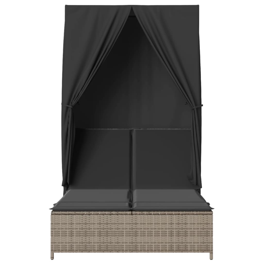 Ξαπλώστρα Διπλή Γκρι από Συνθετικό Ρατάν με Οροφή / Κουρτίνες