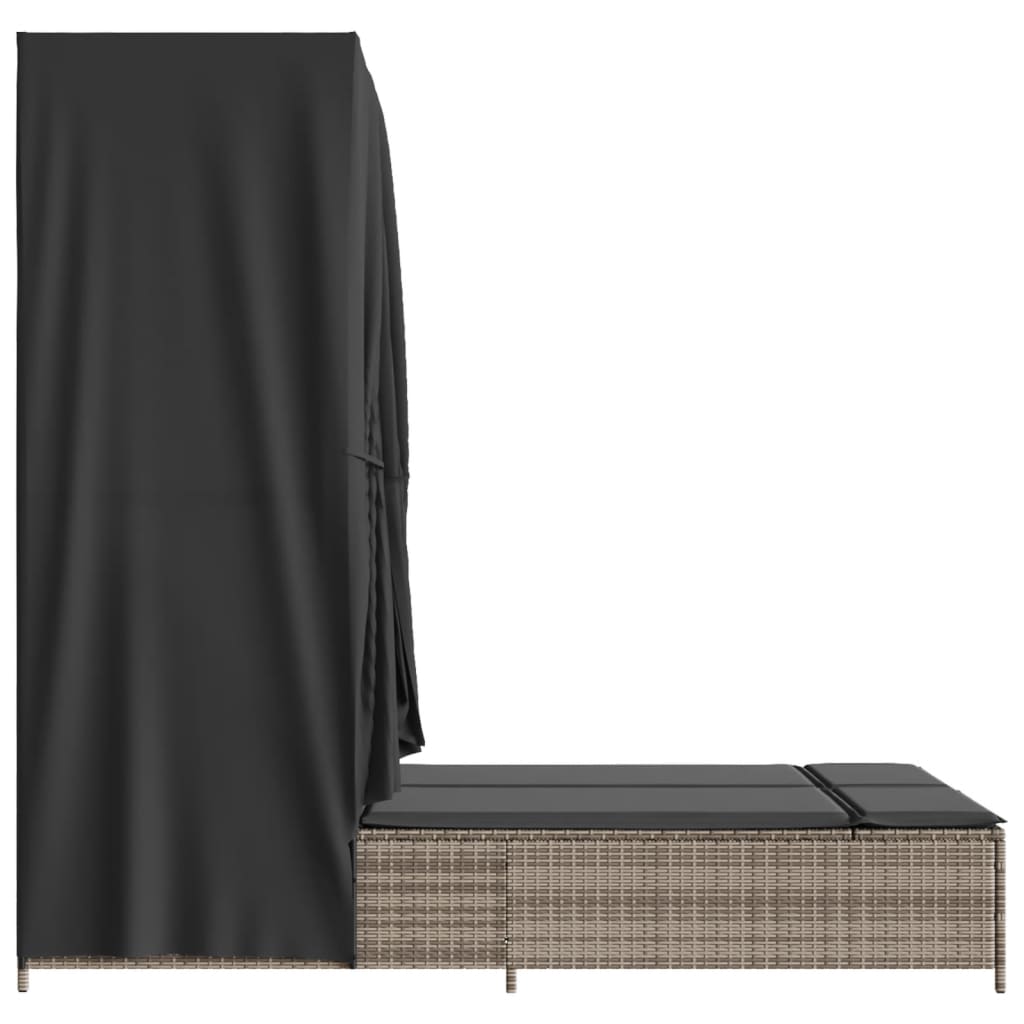 Ξαπλώστρα Διπλή Γκρι από Συνθετικό Ρατάν με Οροφή / Κουρτίνες