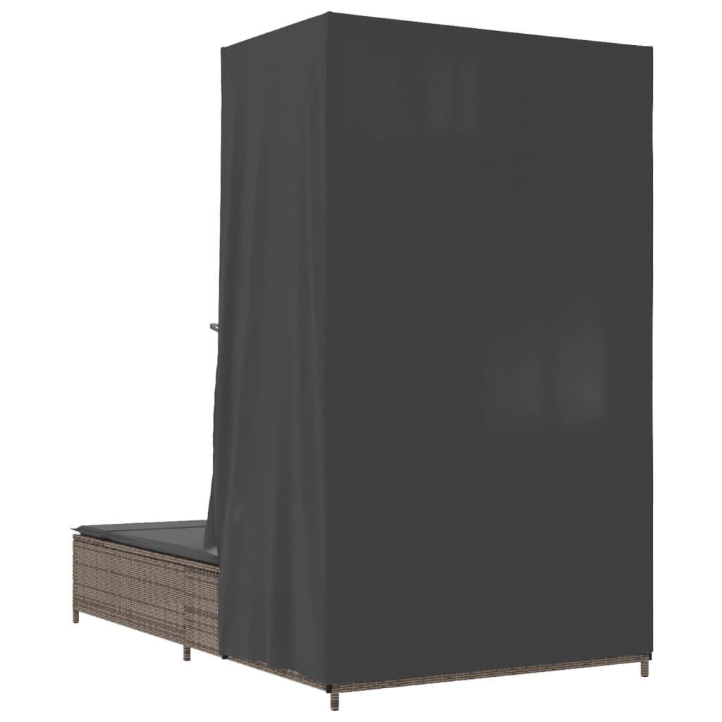 Ξαπλώστρα Διπλή Γκρι από Συνθετικό Ρατάν με Οροφή / Κουρτίνες