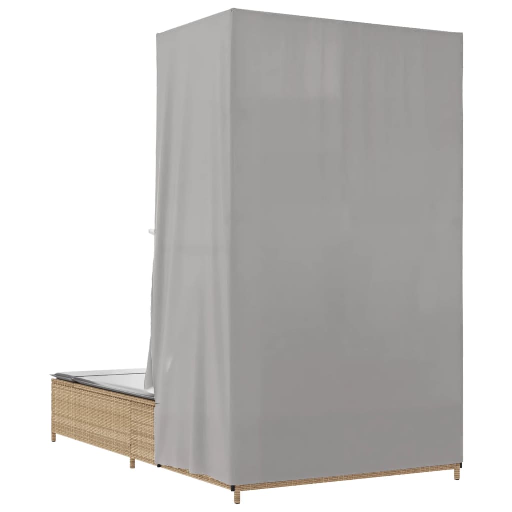 Ξαπλώστρα Διπλή Μπεζ από Συνθετικό Ρατάν με Οροφή / Κουρτίνες