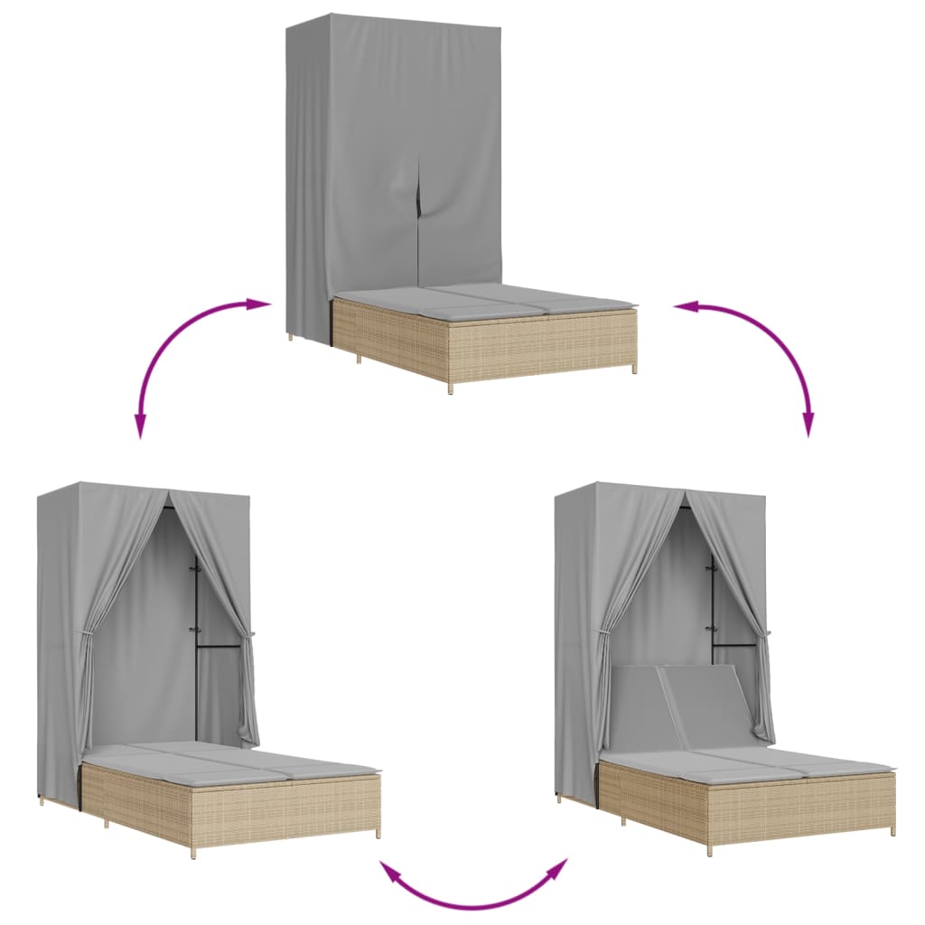 Ξαπλώστρα Διπλή Μπεζ από Συνθετικό Ρατάν με Οροφή / Κουρτίνες