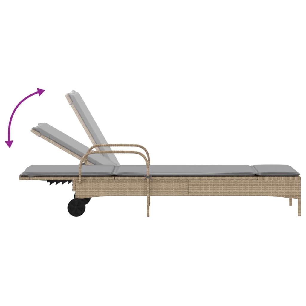 Ξαπλώστρα Μπεζ από Συνθετικό Ρατάν με Τροχούς/Μαξιλάρια