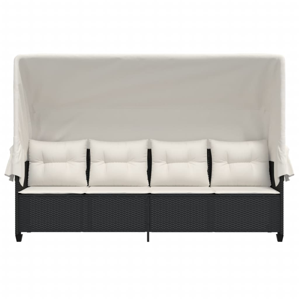 Ξαπλώστρα Μαύρη Συνθετικό Ρατάν με Σκίαστρο και Μαξιλάρια