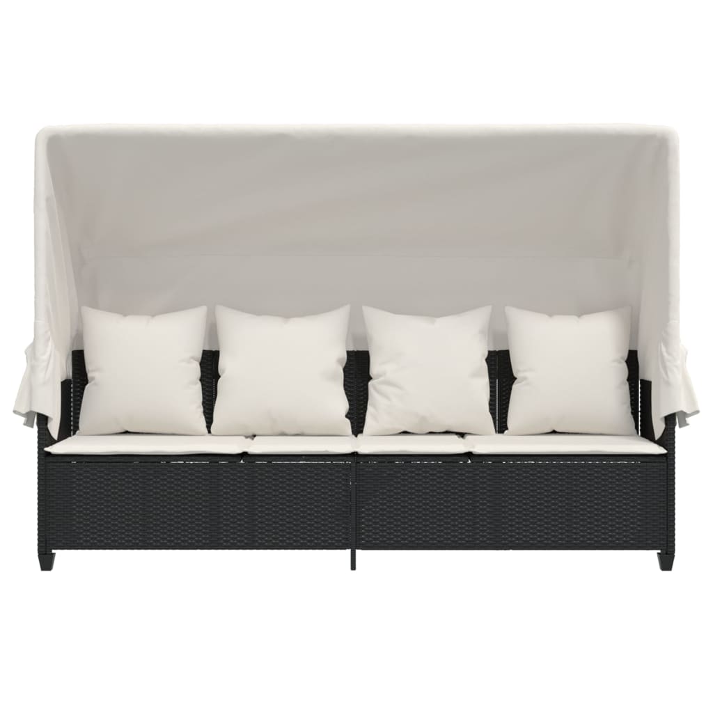 Ξαπλώστρα Μαύρη Συνθετικό Ρατάν με Σκίαστρο και Μαξιλάρια