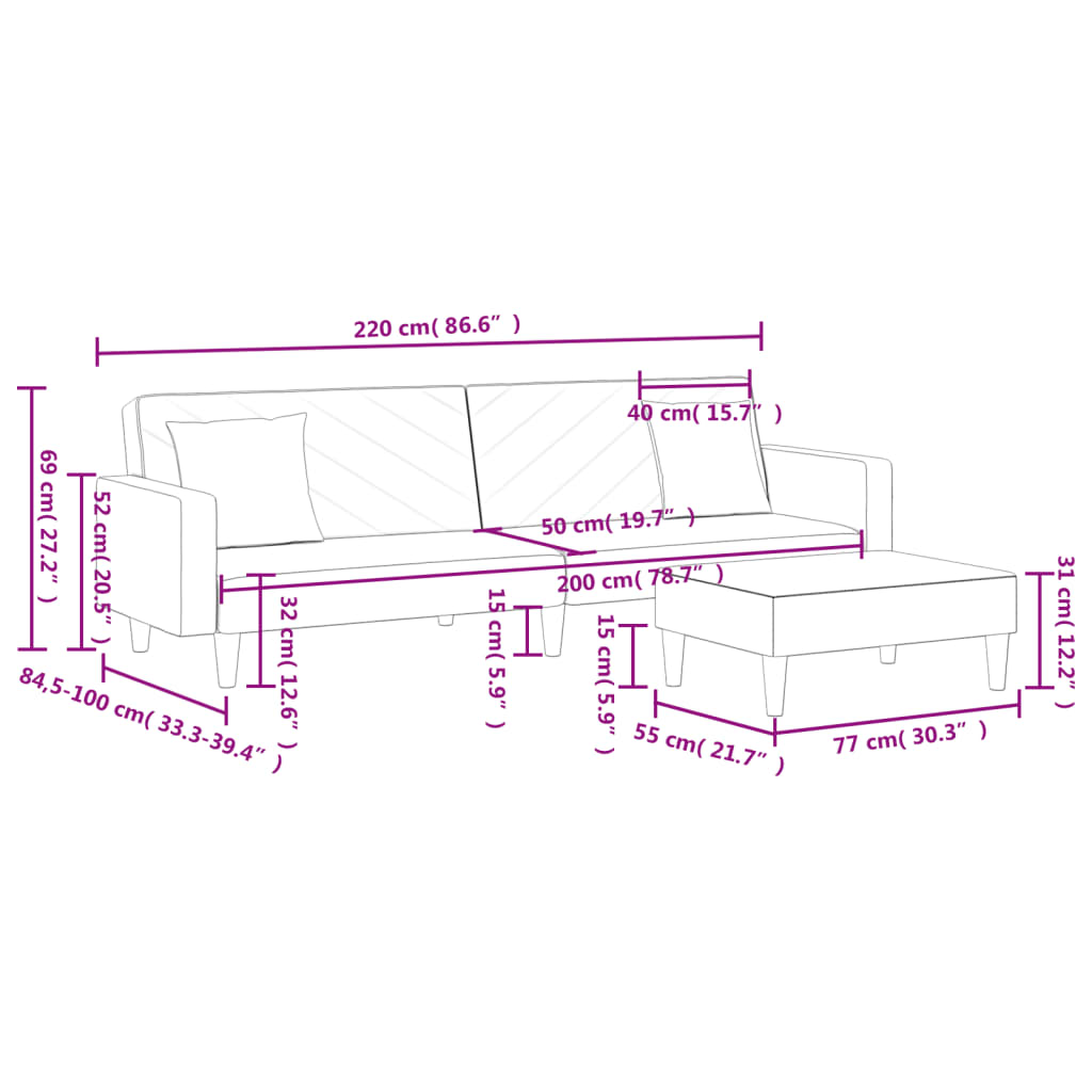 Καναπές Κρεβάτι Διθέσιος Μαύρος Ύφασμα Μαξιλάρια/Υποπόδιο