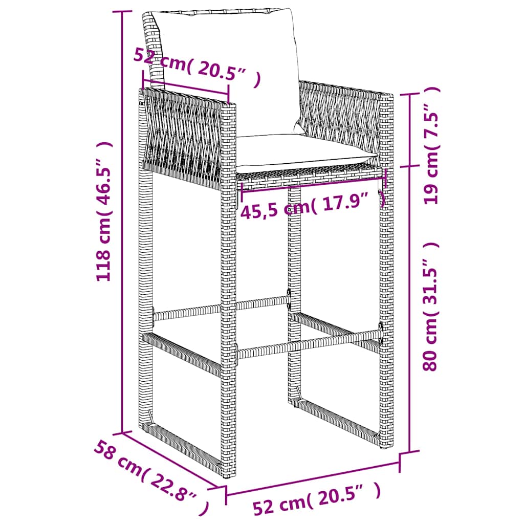 Σκαμπό Μπαρ Κήπου 2 τεμ. Μαύρα από Συνθετικό Ρατάν με Μαξιλάρια