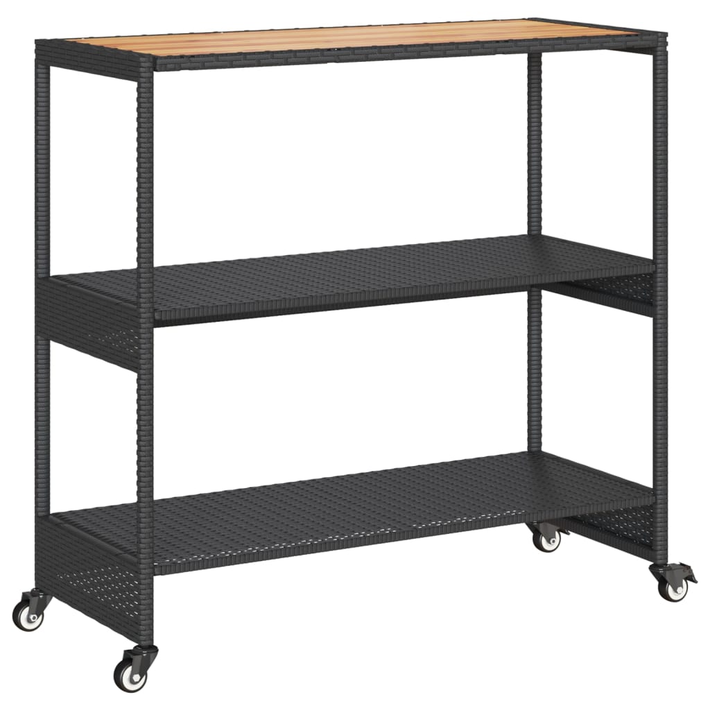 Τρόλεϊ Μπαρ 3 Επιπέδων Μαύρο Συνθετικό Ρατάν/Μασίφ Ξύλο Ακακίας