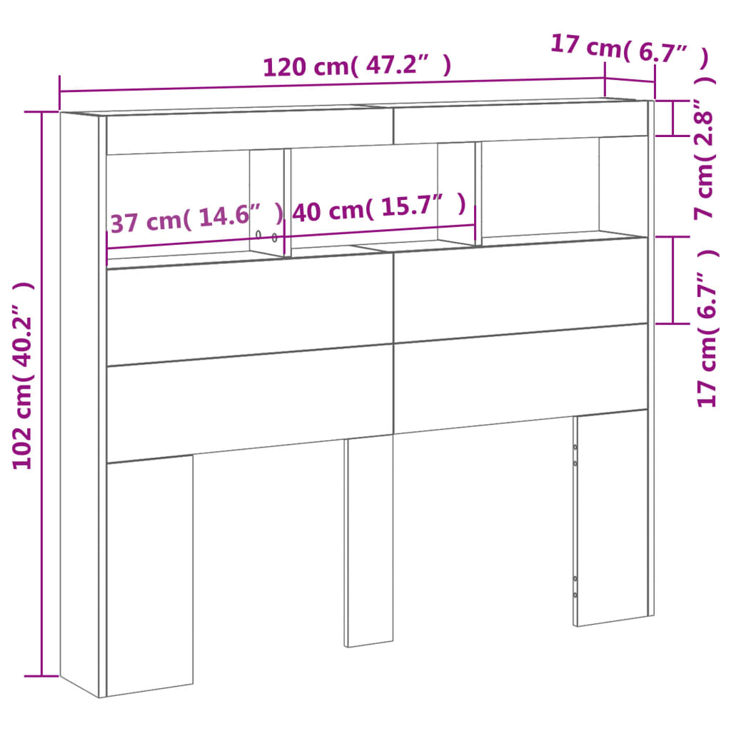 Κεφαλάρι με Αποθηκ. Χώρο & LED Γκρι Sonoma 120x17x102 εκ. - Pakobazaar