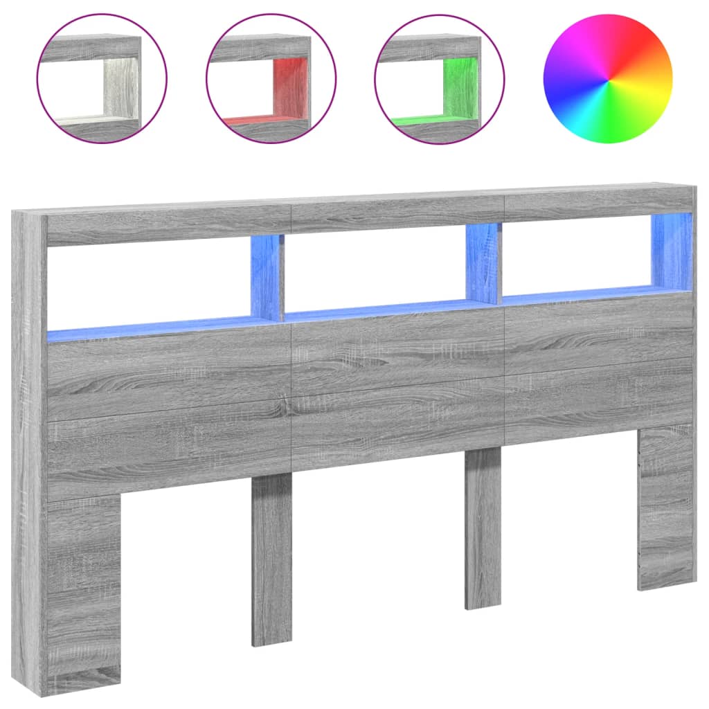 Κεφαλάρι με Αποθηκ. Χώρο & LED Γκρι Sonoma 180x17x102 εκ. - Pakobazaar