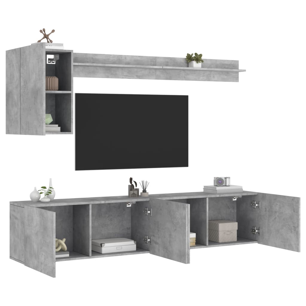 Έπιπλα Τηλεόρασης Τοίχου 5 τεμ. Γκρι Σκυροδέματος Επεξ. Ξύλο