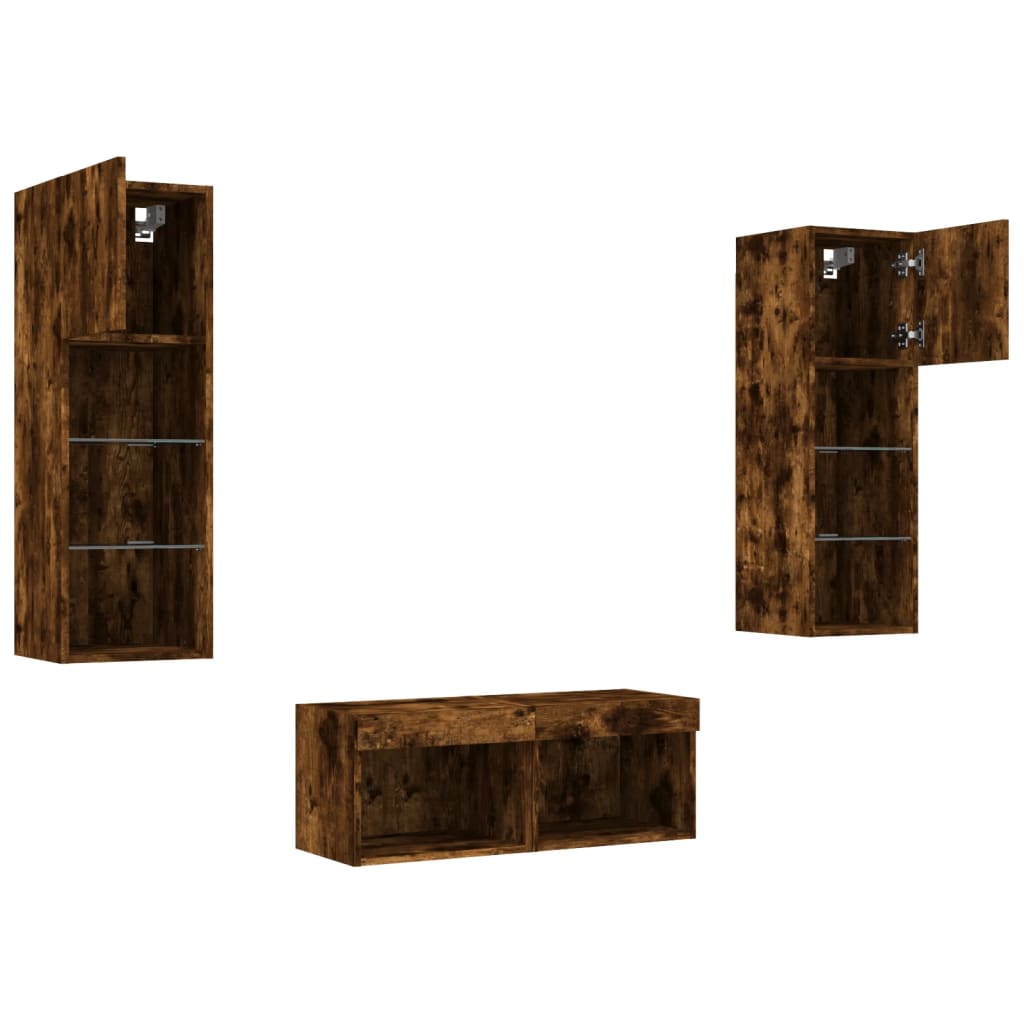 Ντουλάπια Τηλεόρασης Τοίχου 4 Τεμ. με Φώτα LED Καπνιστή Δρυς - Pakobazaar