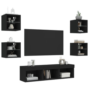 Έπιπλα Τοίχου Τηλεόρασης 7 τεμ LED Μαύρα από Επεξεργασμένο Ξύλο