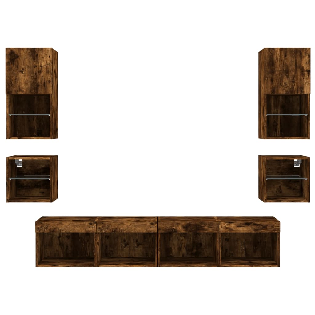 Έπιπλα Τοίχου Τηλεόρασης 8 τεμ LED Καπνιστή Δρυς από Επεξ. Ξύλο