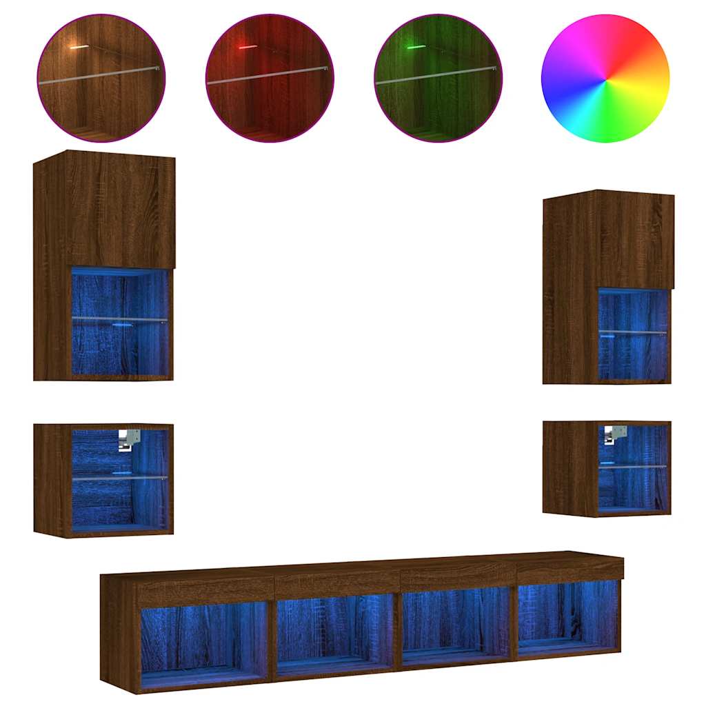 Έπιπλα Τοίχου Τηλεόρασης 8 τεμ. LED Καφέ Δρυς από Επεξ. Ξύλο