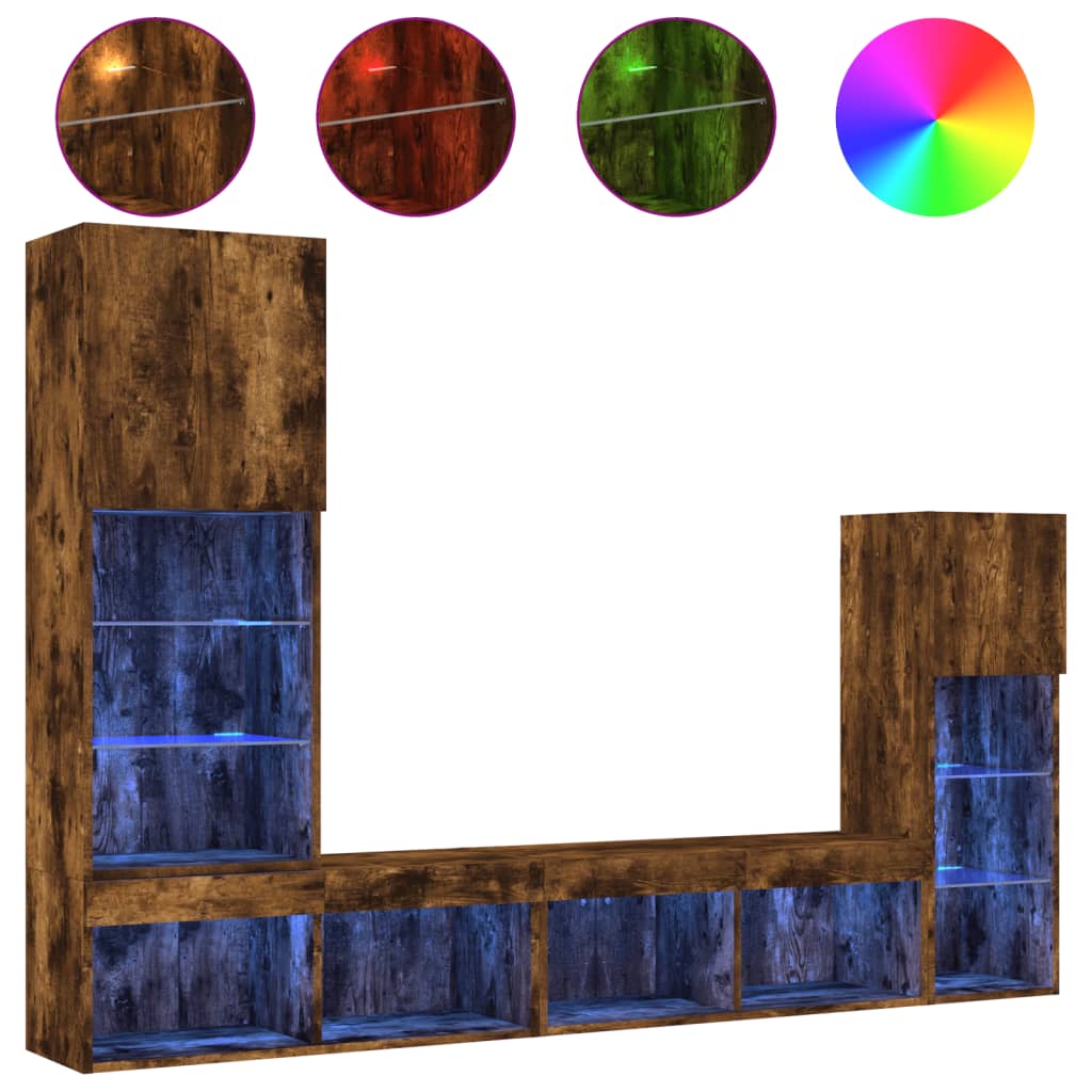 Έπιπλα Τοίχου Τηλεόρασης 4 τεμ LED Καπνιστή Δρυς από Επεξ. Ξύλο - Pakobazaar