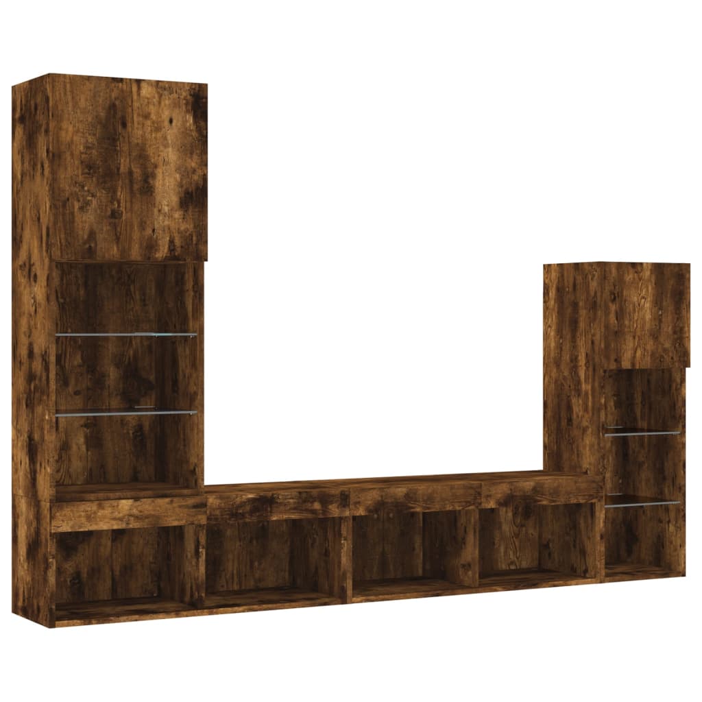 Έπιπλα Τοίχου Τηλεόρασης 4 τεμ LED Καπνιστή Δρυς από Επεξ. Ξύλο - Pakobazaar