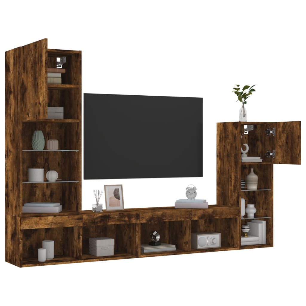 Έπιπλα Τοίχου Τηλεόρασης 4 τεμ LED Καπνιστή Δρυς από Επεξ. Ξύλο - Pakobazaar
