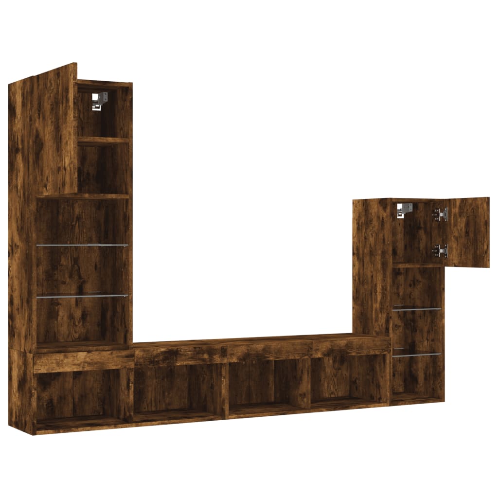 Έπιπλα Τοίχου Τηλεόρασης 4 τεμ LED Καπνιστή Δρυς από Επεξ. Ξύλο - Pakobazaar