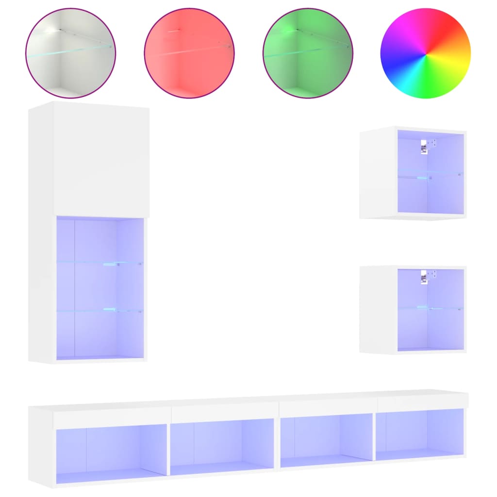 Έπιπλα Τοίχου Τηλεόρασης 5 τεμ LED Λευκά από Επεξεργασμένο Ξύλο