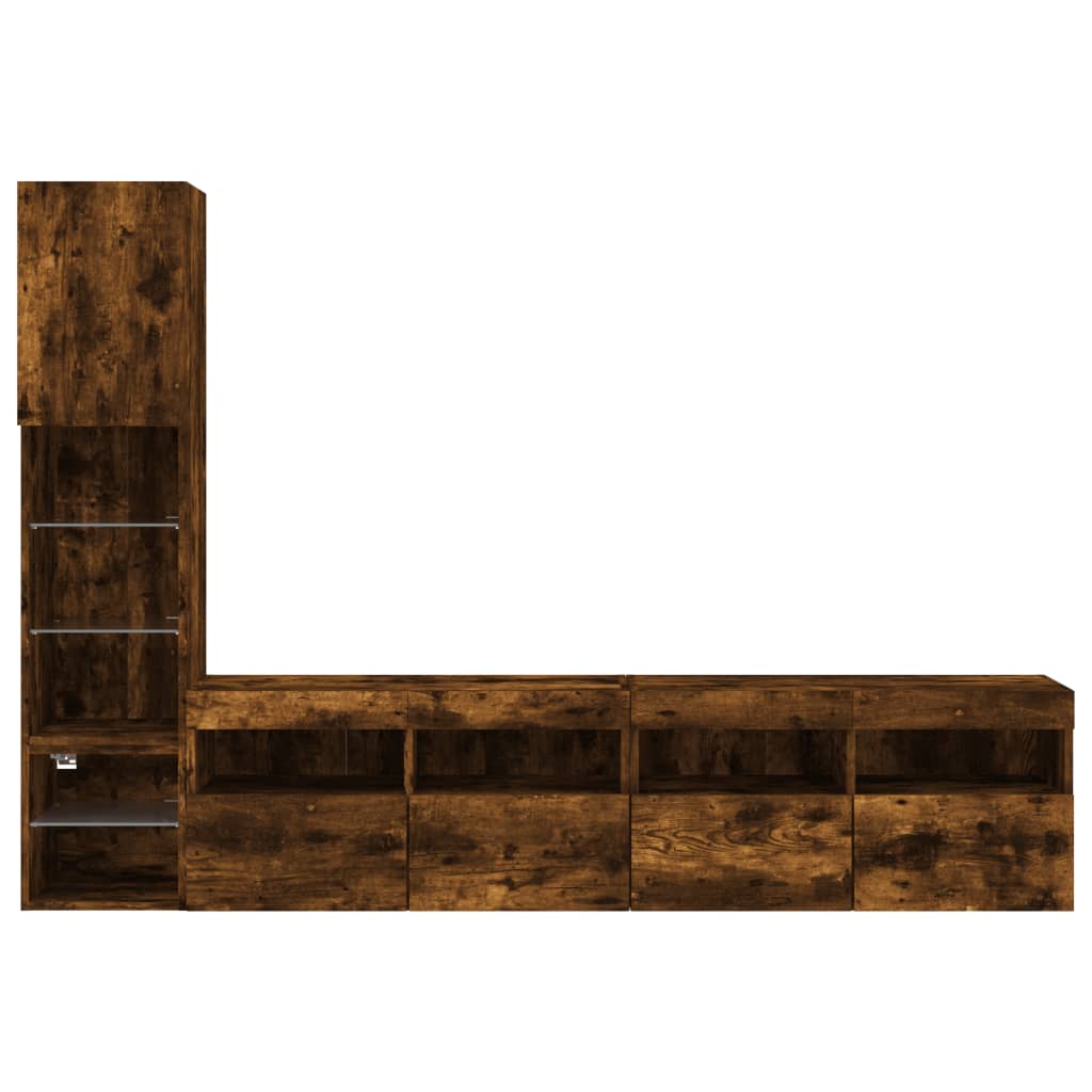 Έπιπλα Τοίχου Τηλεόρασης 4 τεμ LED Καπνιστή Δρυς από Επεξ. Ξύλο - Pakobazaar