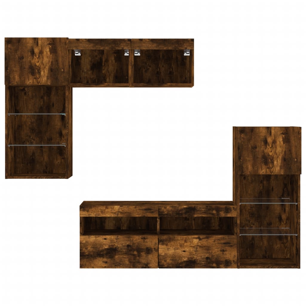 Έπιπλα Τοίχου Τηλεόρασης 5 τεμ LED Καπνιστή Δρυς από Επεξ. Ξύλο - Pakobazaar