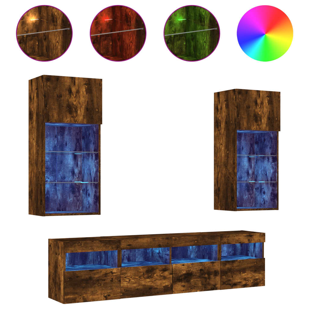 Έπιπλα Τοίχου Τηλεόρασης 5 τεμ LED Καπνιστή Δρυς από Επεξ. Ξύλο - Pakobazaar