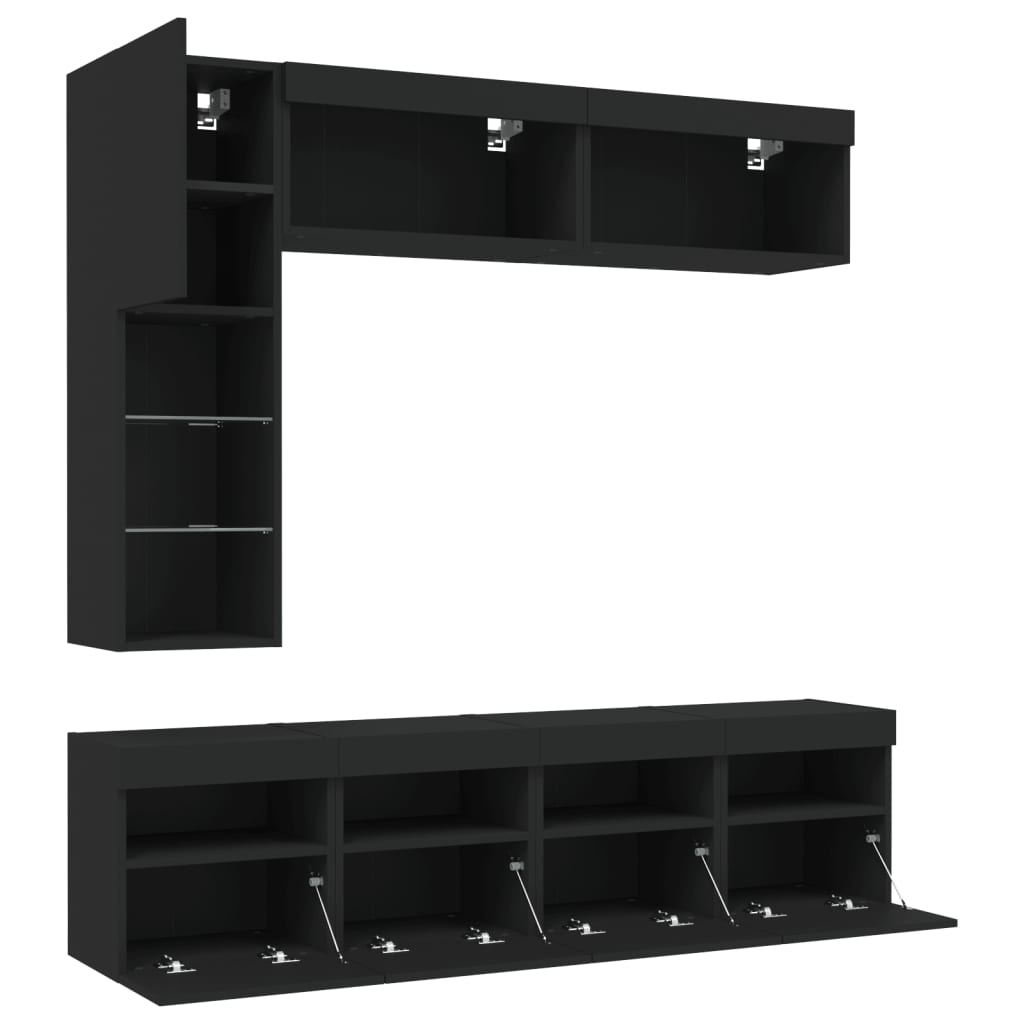 Ντουλάπια Τηλεόρασης Τοίχου Σετ 7 Τεμαχίων με Φώτα LED Μαύρα - Pakobazaar