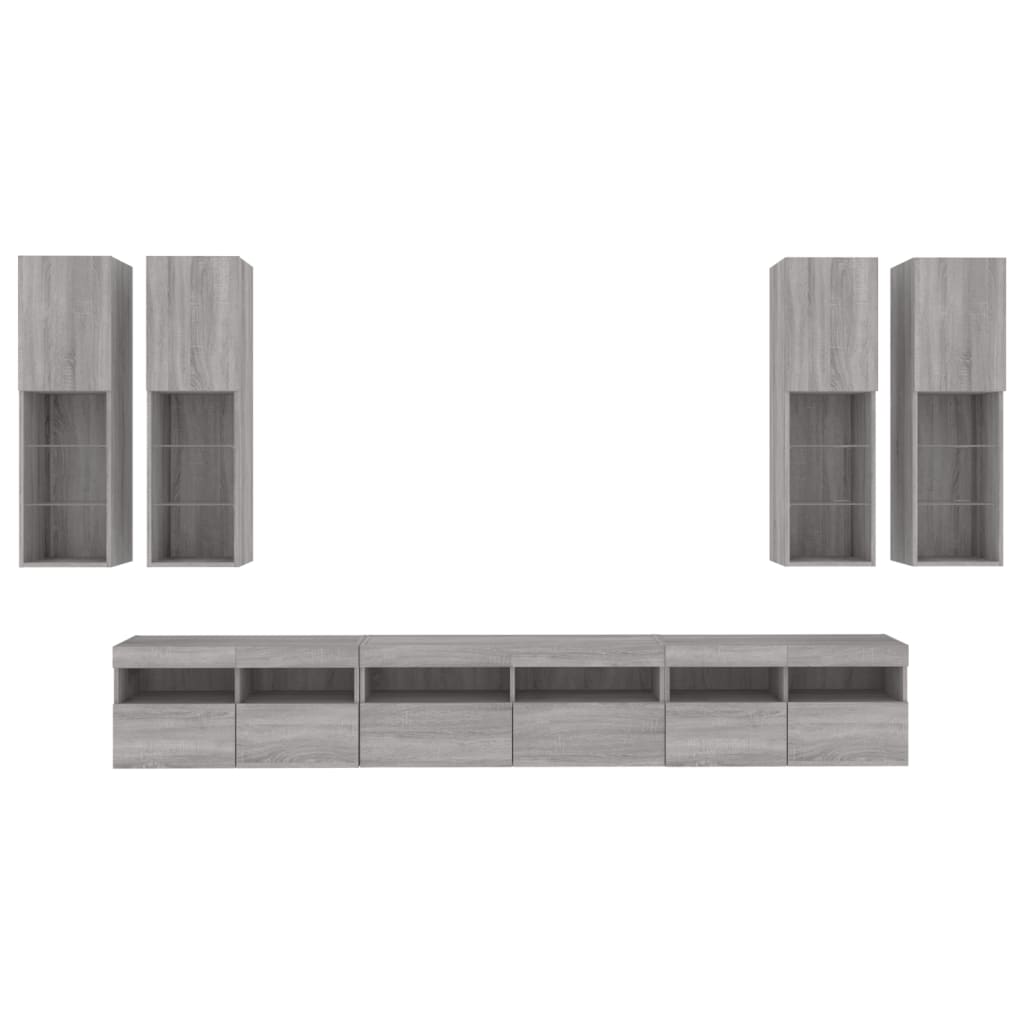 Ντουλάπια Τηλεόρασης Τοίχου Σετ 7 Τεμ. με Φώτα LED Γκρι Sonoma - Pakobazaar