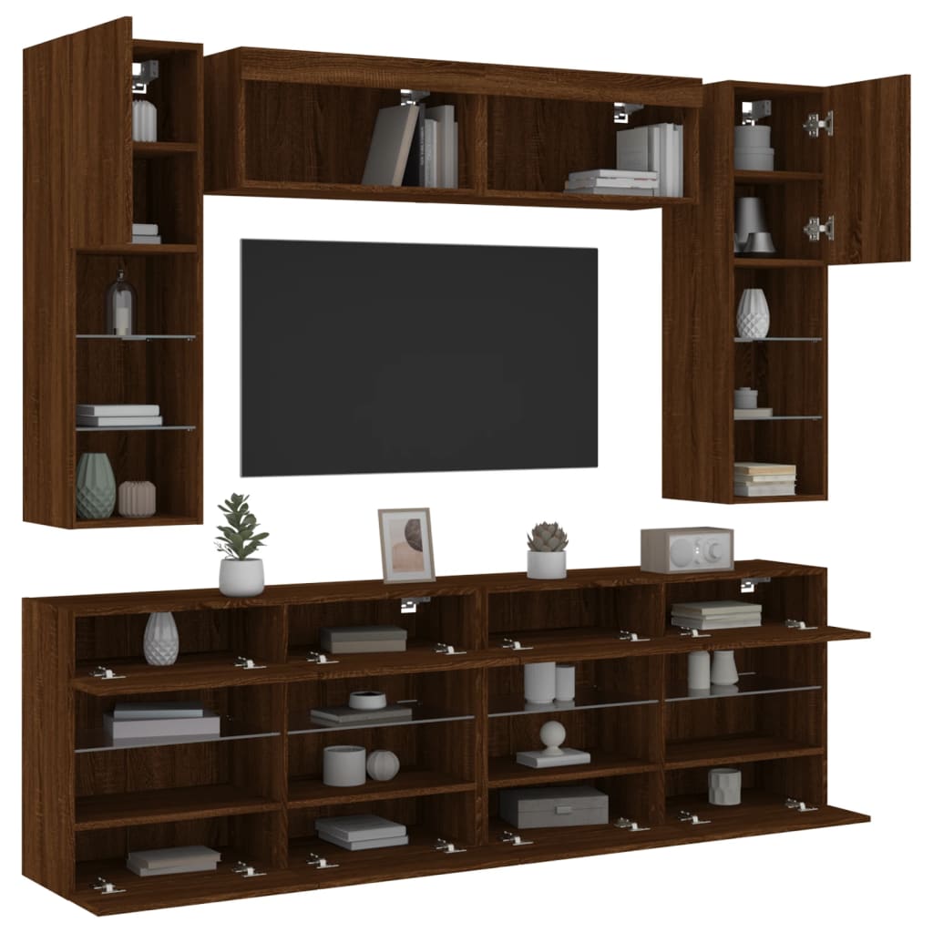 Ντουλάπια Τηλεόρασης Τοίχου Σετ 6 τεμ. με Φώτα LED Καφέ Δρυς